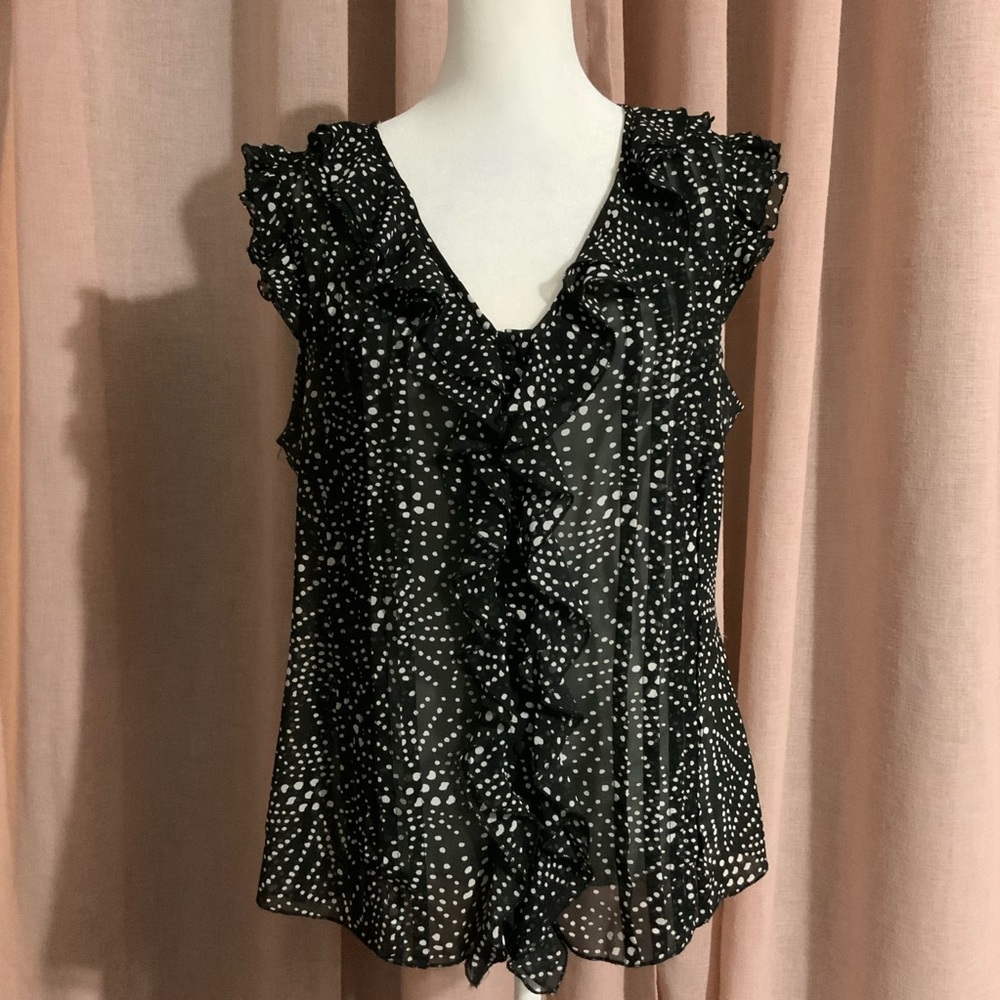 black & white polka dot sheer pleated & ruffle button up blouse - small
